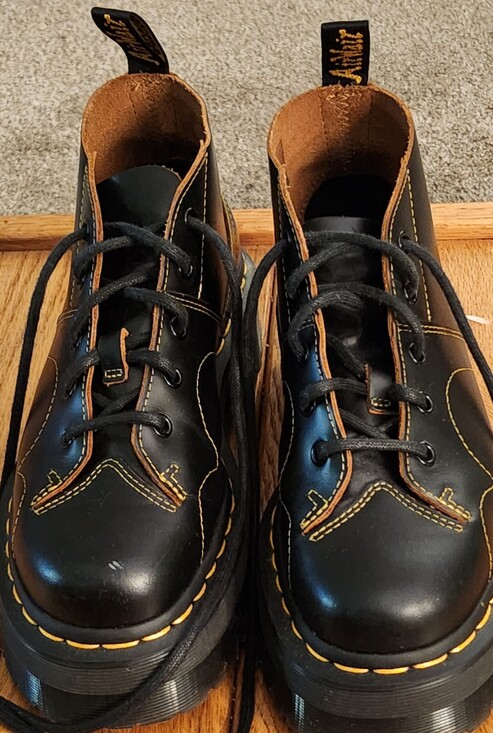 Dr. Martens Shoes - Dr. Martens Black Leather Platform Ankle Boots.  Church Monkey Boots